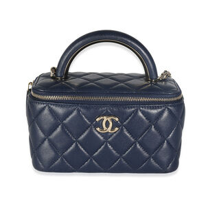 Chanel Navy Quilted Lambskin Top Handle Vanity Case With Chain